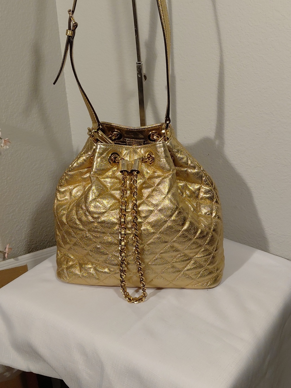 Gold MK Bucket Bag w/Chain Drawstring